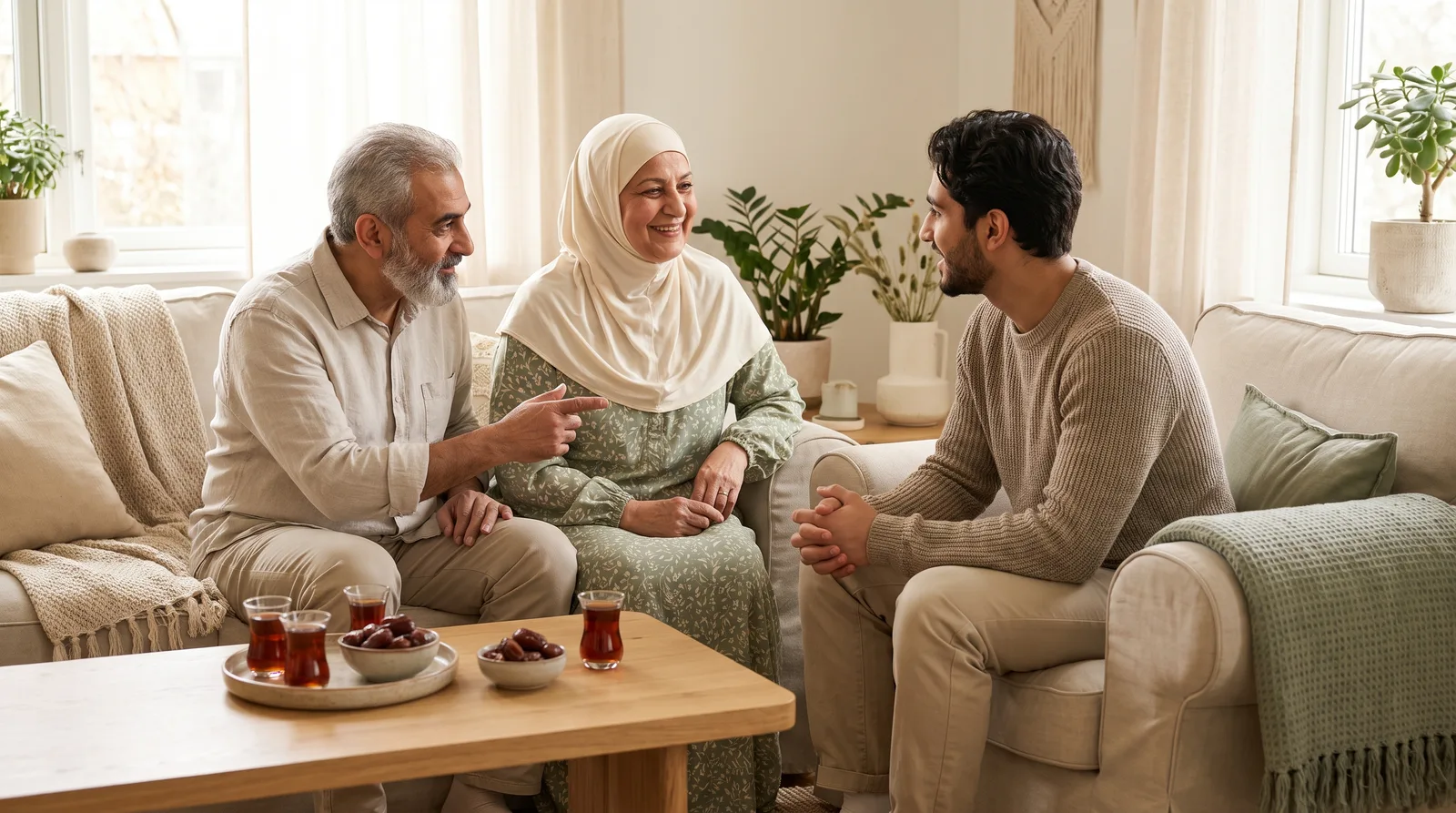 A young Muslim man being warmly welcomed as he meets a family over tea and dates