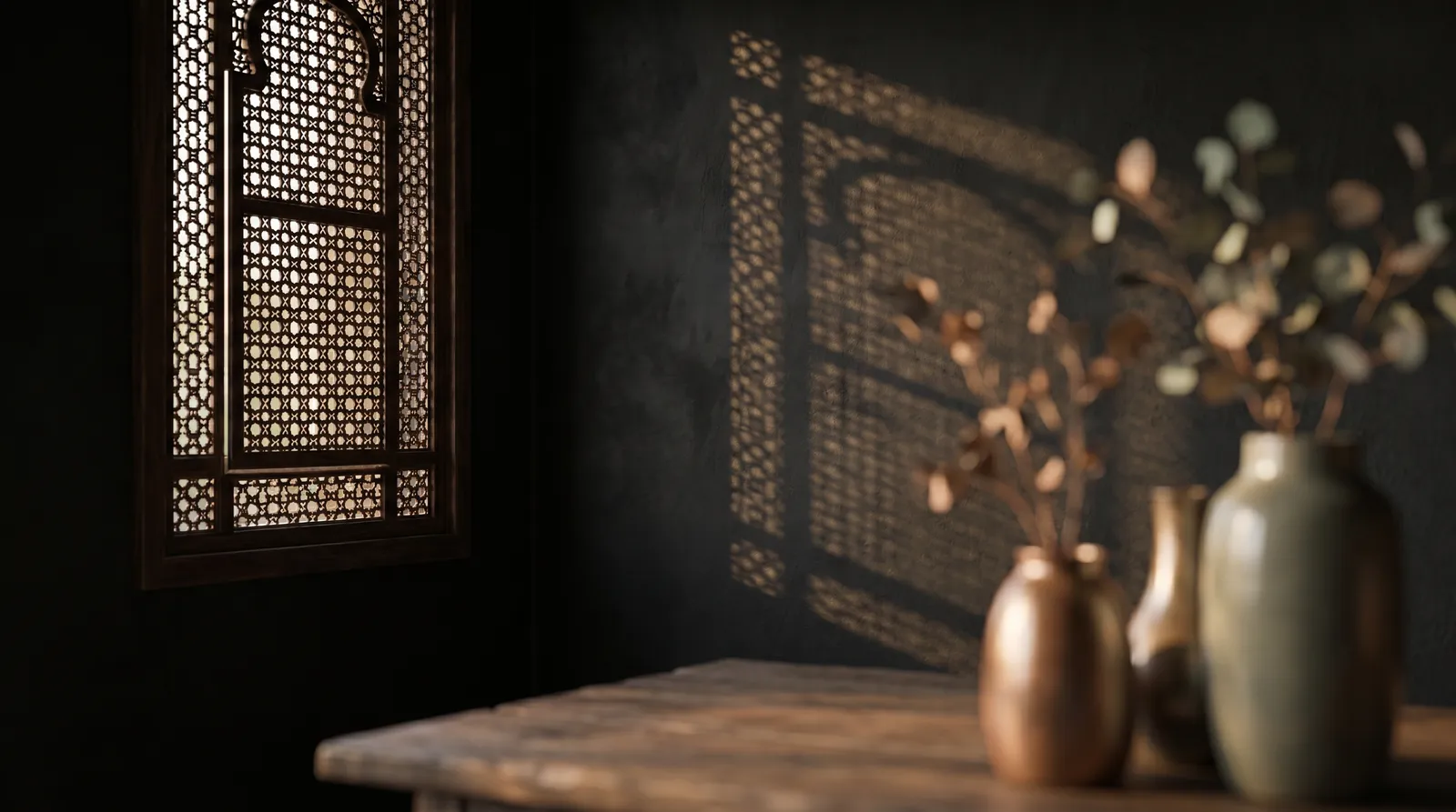 Warm sunrise light through a carved geometric screen, casting patterns on a dark wall