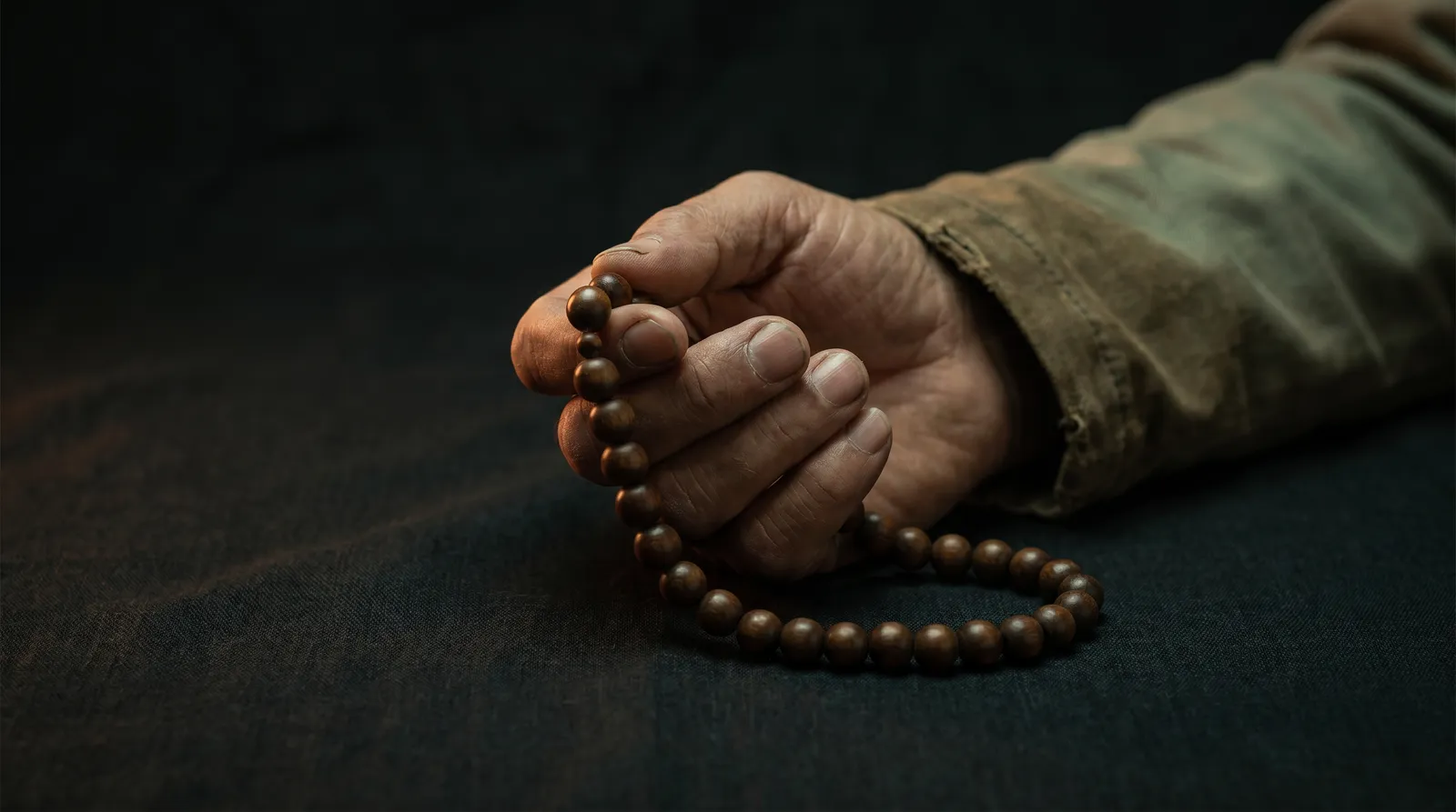 A hand gently holding wooden prayer beads in warm light against a dark background