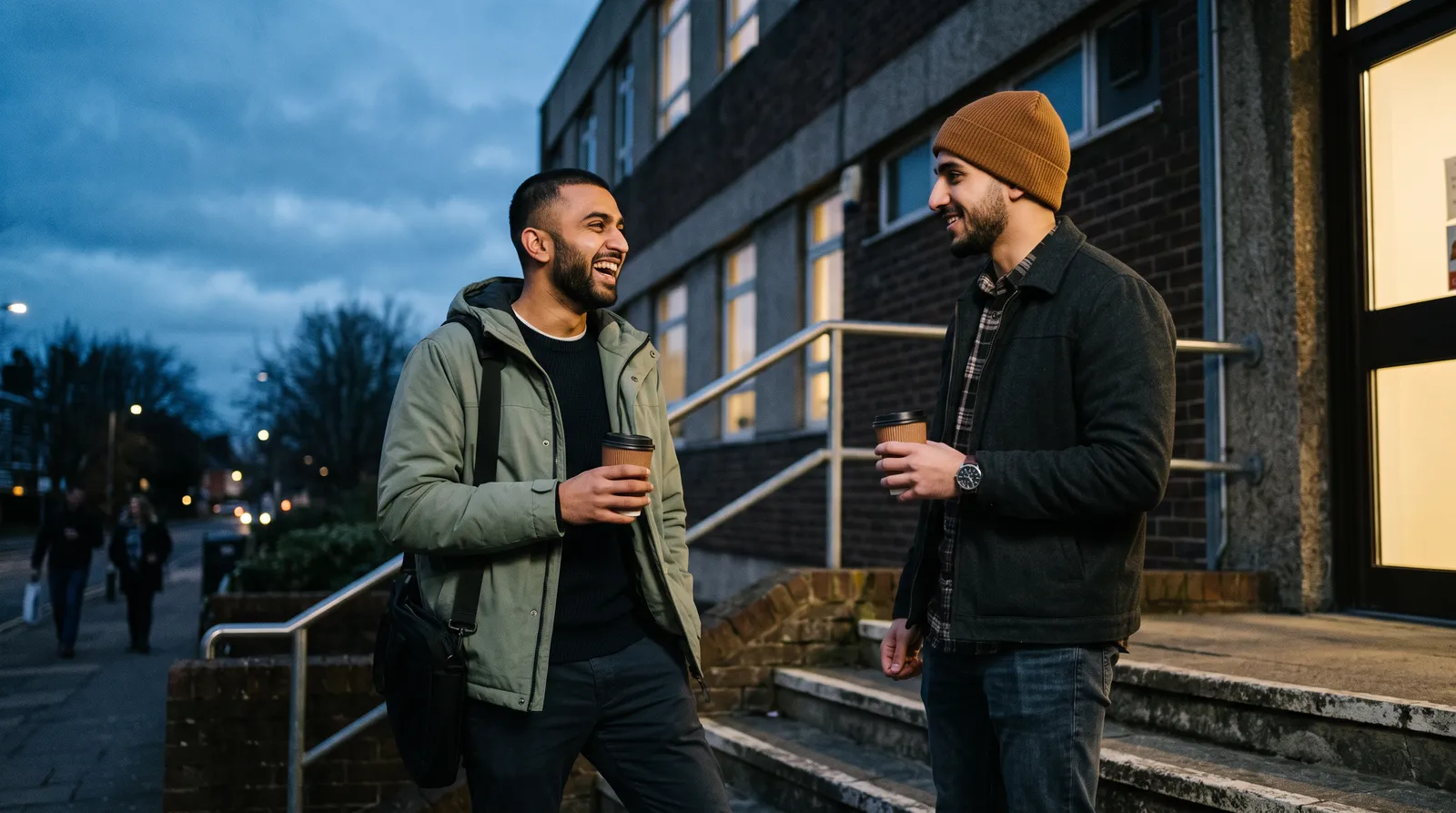 Two men in their late twenties talking and laughing on the steps outside a building at dusk, holding takeaway cups