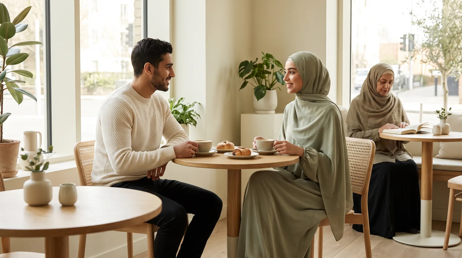 A young Muslim man and hijabi woman getting to know each other over tea at a cafe, with a chaperone seated nearby