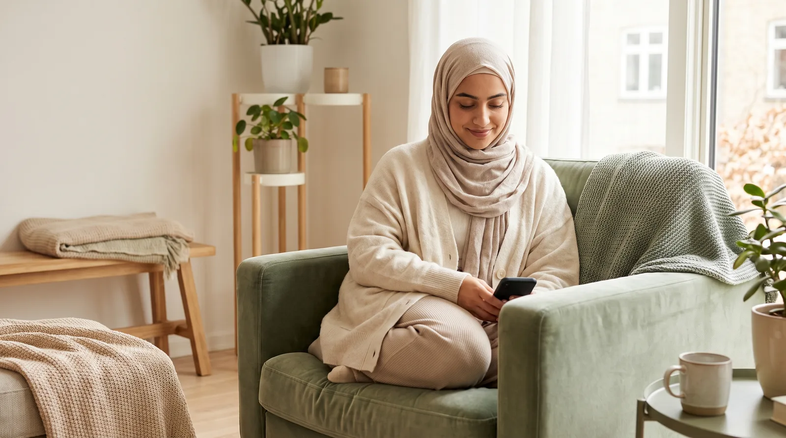 A young hijabi Muslim woman relaxed at home using her phone, calm and secure