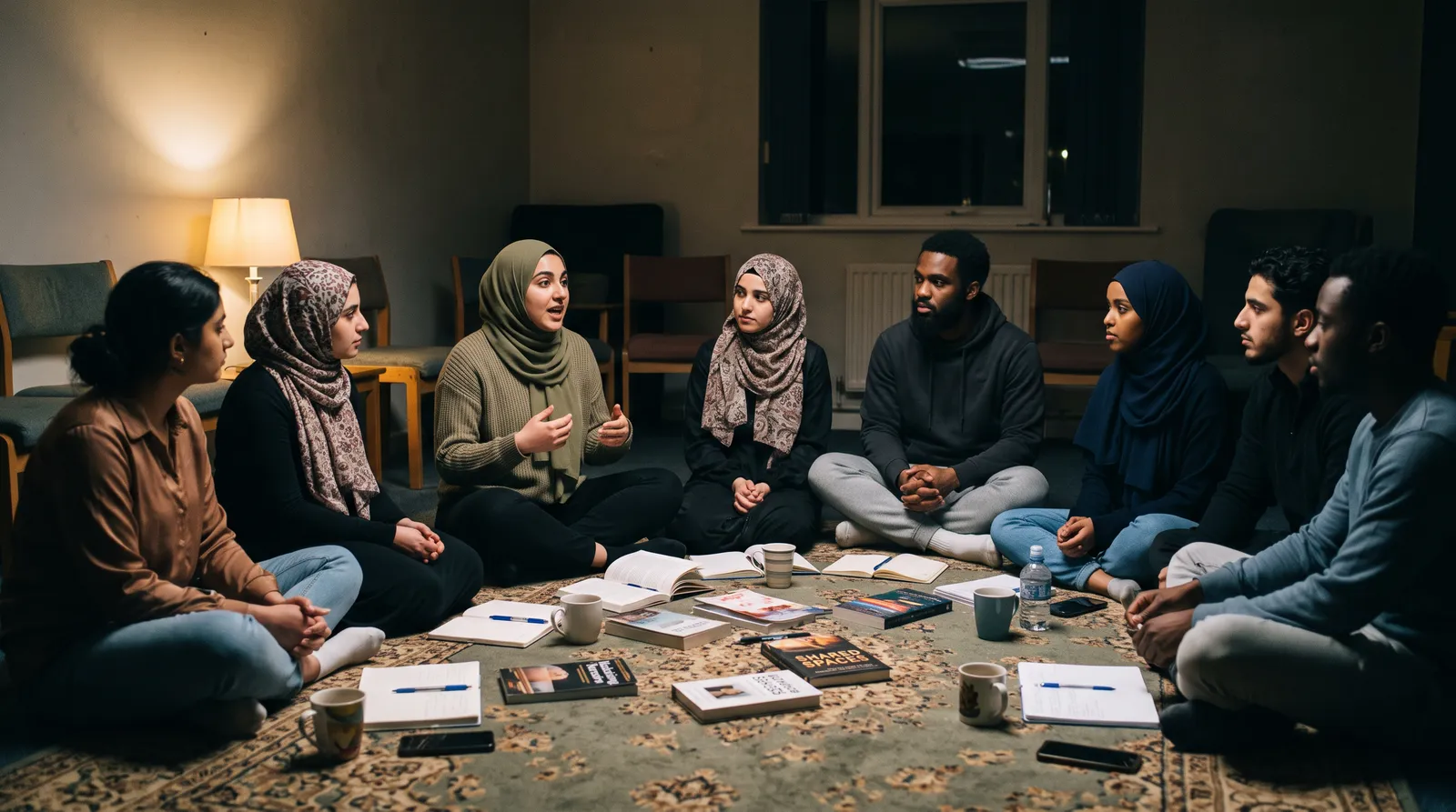 Eight young adults sitting in a circle on the carpeted floor of a plain room in the evening, books and mugs between them, one mid-sentence