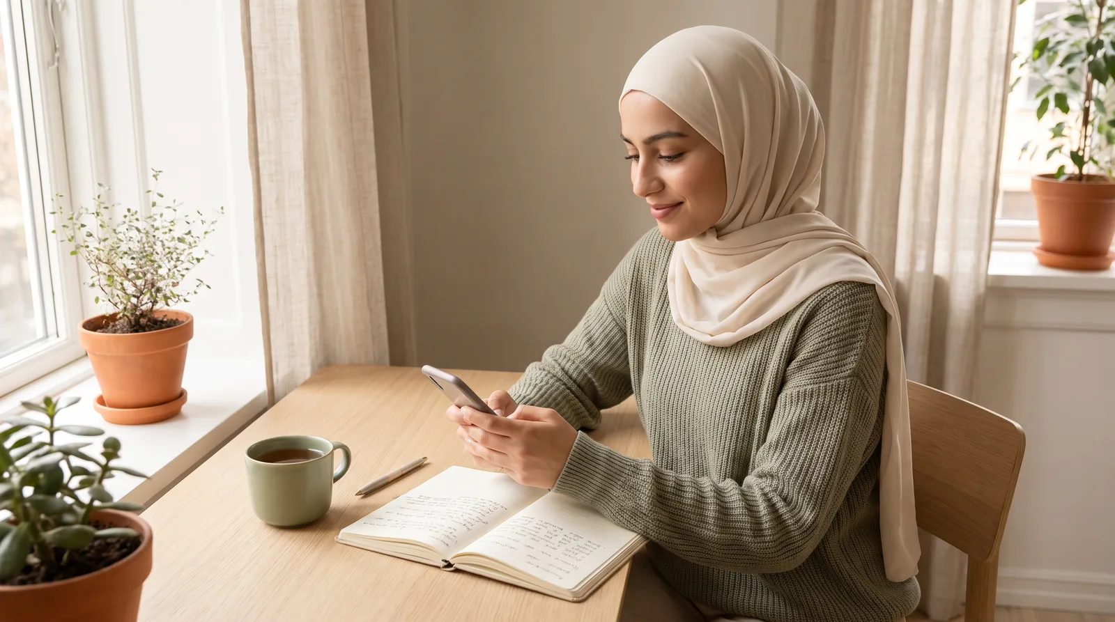 A young hijabi Muslim woman at a bright desk thoughtfully composing her profile on her phone, notebook and tea beside her