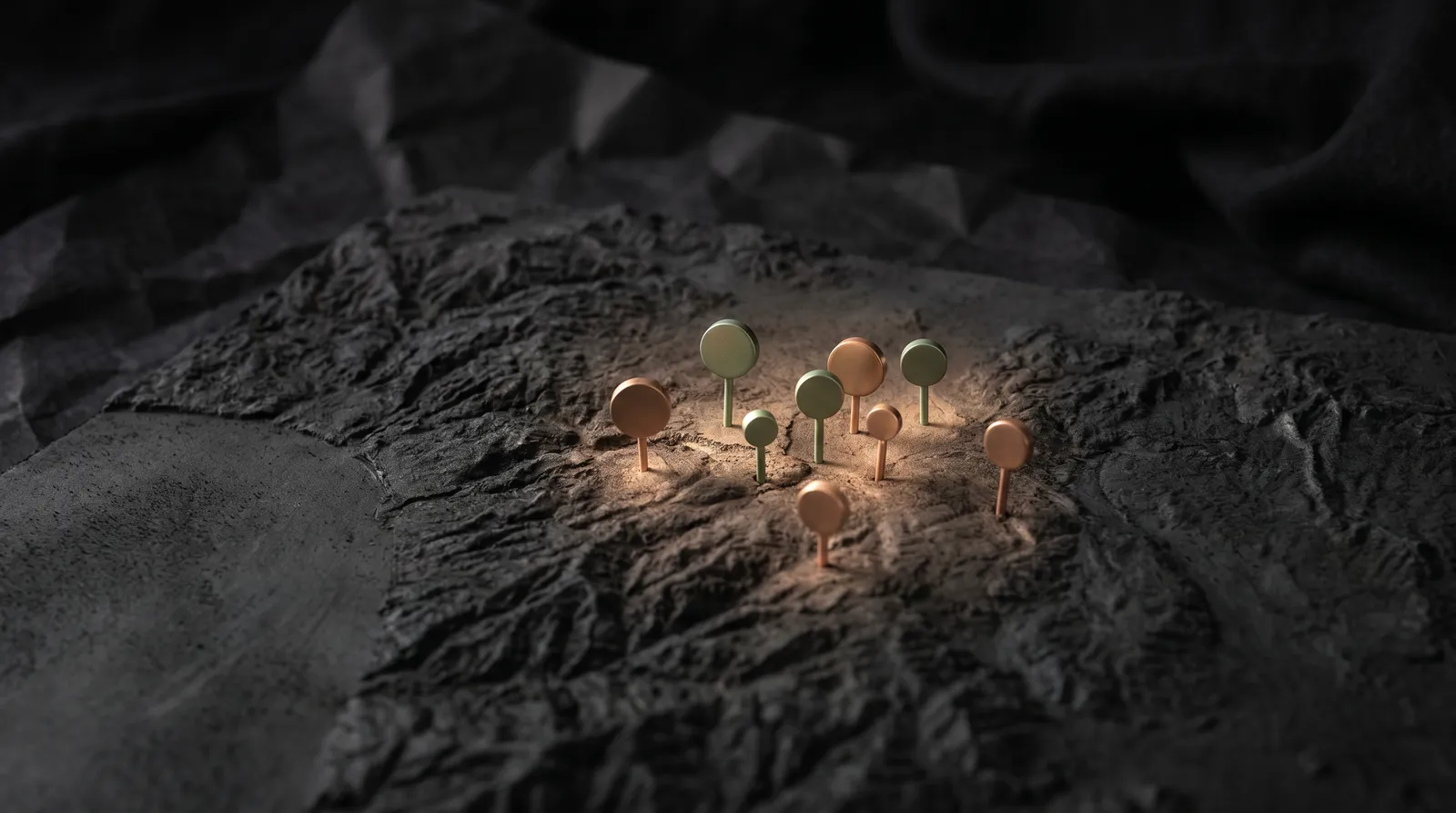 A dark relief map with softly glowing location pins, suggesting a growing community
