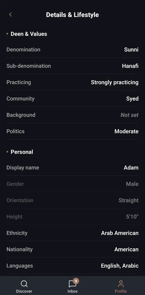 Fazool's Details and Lifestyle screen showing structured deen fields: denomination, sub-denomination, practicing level, community, and personal details