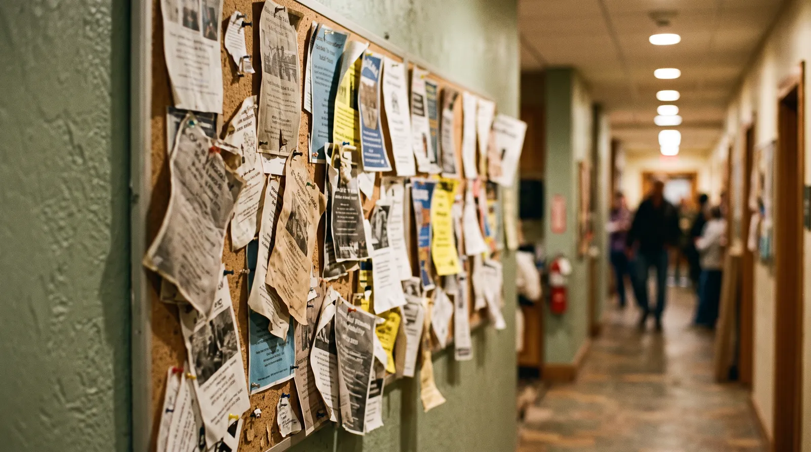 A cork noticeboard in a community building corridor, densely layered with overlapping printed flyers pinned at angles
