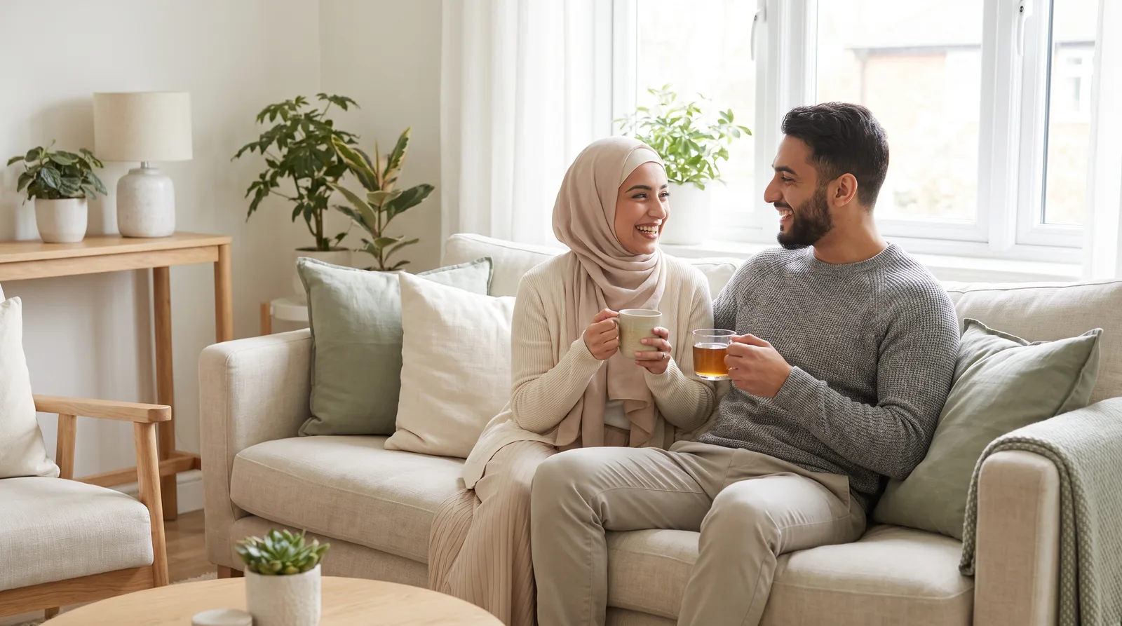 A happy young Muslim couple sharing tea together in a warm, cozy living room